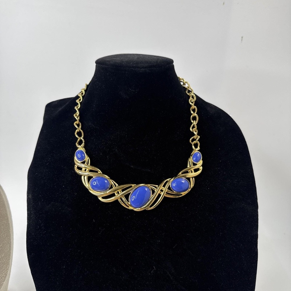 Vintage Signed Monet Blue Cabochon Gold Tone Statement Necklace